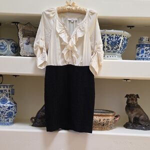 LOFT Ivory and Black Ruffle Midi Dress